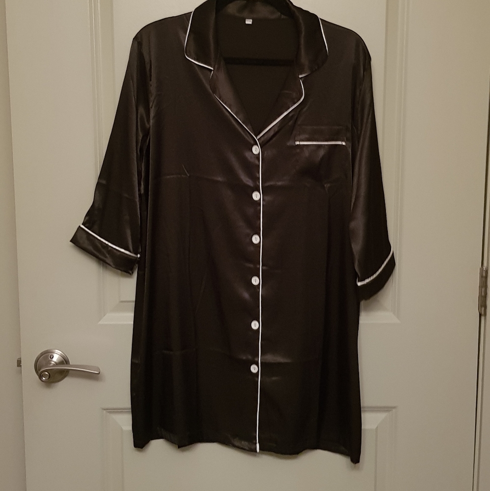 NWOT Black Satin and White Piping Nightshirt Dress